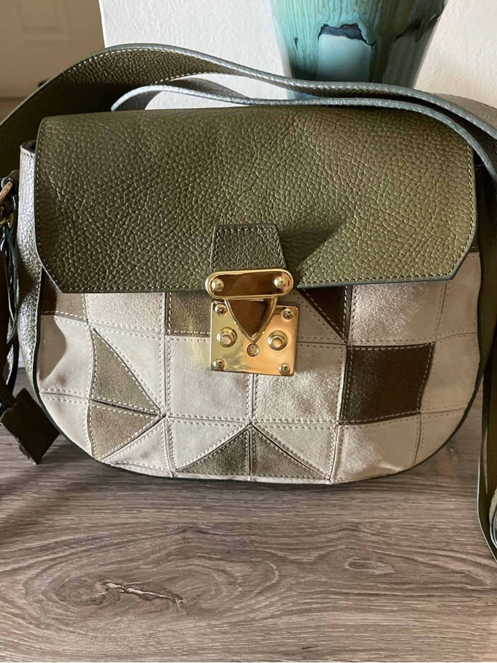 Olive and Cream Patchwork Leather Crossbody Bag with Gold Push-Lock